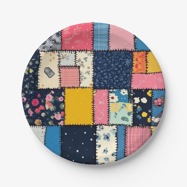Adorable Patchwork Design, Playful Pattern Paper Plates (Front)
