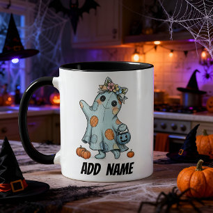 Adorable Patchwork Ghost With Pumpkin Halloween Mug