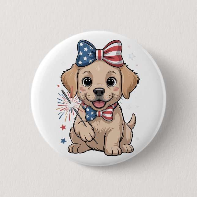 Adorable Patriotic Puppy 4th of July Celebration Button (Front)