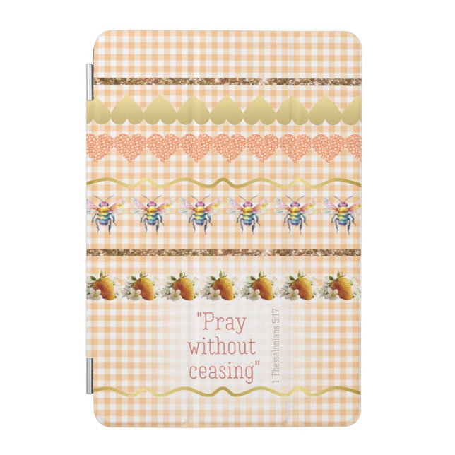 Adorable Peach Checks Gold Hearts Bees Scripture iPad Mini Cover (Front)