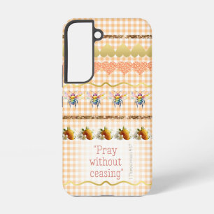 Adorable Peach White Checks Gold Hearts Bees Bible Samsung Galaxy S22 Case