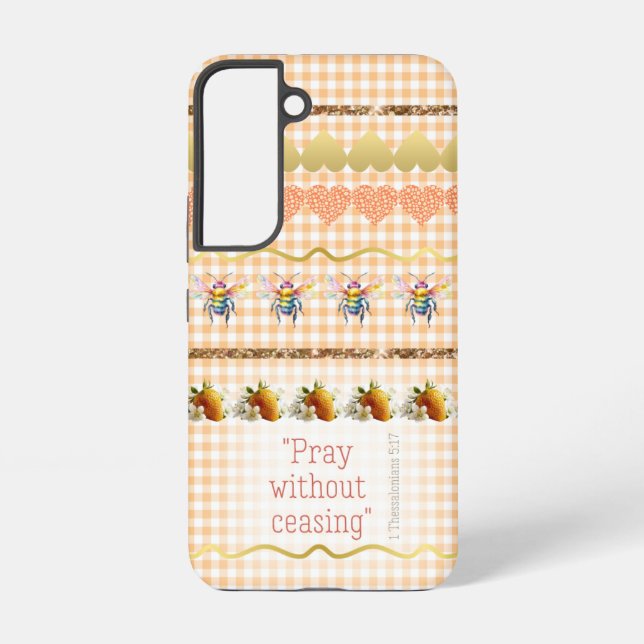 Adorable Peach White Checks Gold Hearts Bees Bible Samsung Galaxy Case (Back)