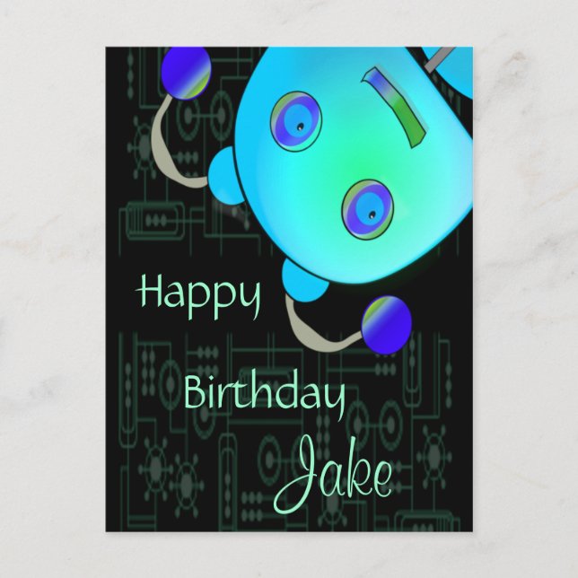 Adorable Peek A Boo Blue Robot Birthday Postcard (Front)