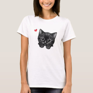Adorable Peeking Black Kitten with Heart T-Shirt