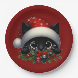 Adorable Peeking Christmas Black Cat Paper Plates