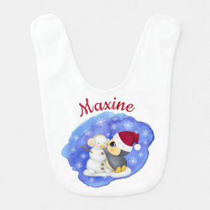 Adorable Penguin And Snowman With Name Baby Bib