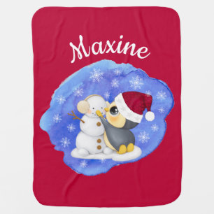 Adorable Penguin And Snowman With Name Baby Blanke Blanket