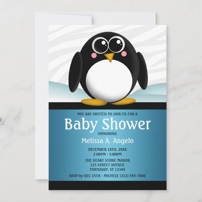 Adorable Penguin Blue Boy Baby Shower Invitations (Front)