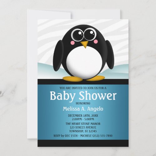 Adorable Penguin Blue Boy Baby Shower Invitations