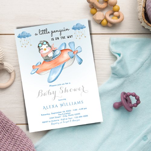 Adorable penguin blue theme baby boy shower invitation