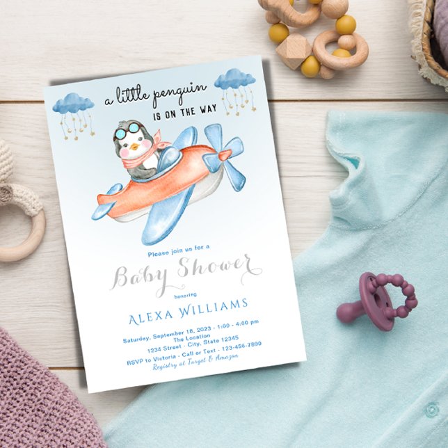 Adorable penguin blue theme baby boy shower invitation (Creator Uploaded)