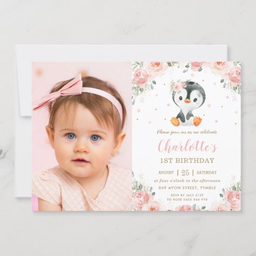Adorable Penguin Blush Floral 1st Birthday Photo Invitation