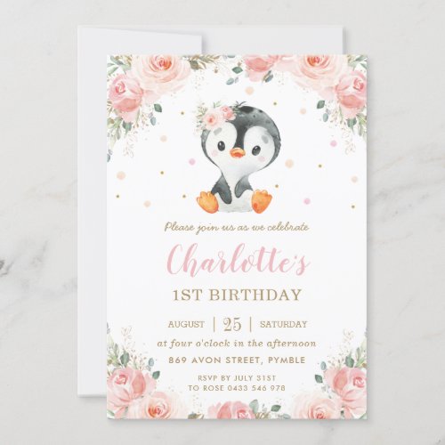 Adorable Penguin Blush Floral Girl 1st Birthday  Invitation