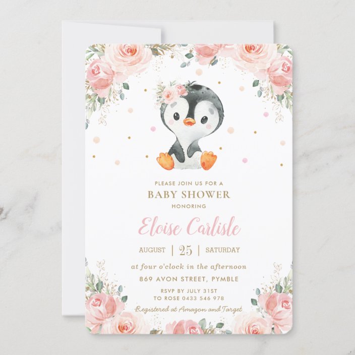 Adorable Penguin Blush Floral Girl Baby Shower Invitation
