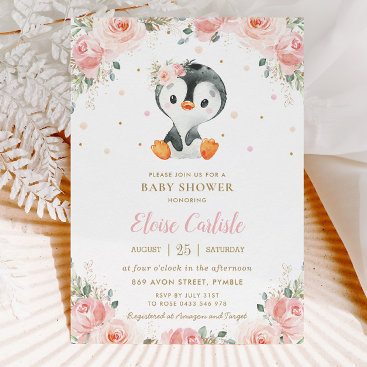 Adorable Penguin Blush Floral Girl Baby Shower  Invitation