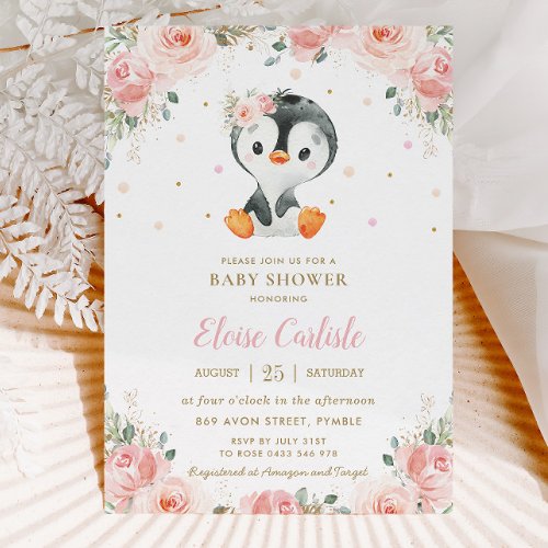 Adorable Penguin Blush Floral Girl Baby Shower  Invitation