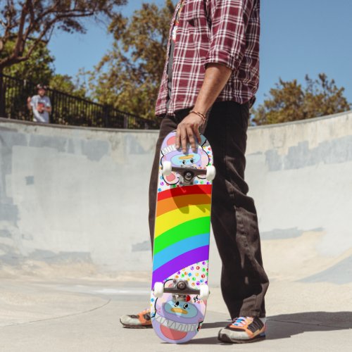 Adorable Penguin Clown and Rainbow Skateboard
