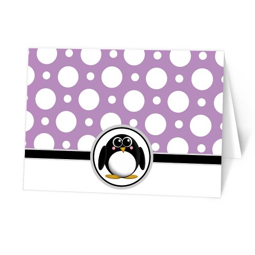 Adorable Penguin custom Purple Polka Dot Cards