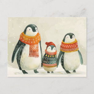 Adorable Penguin Family Watercolor New Year Postcard