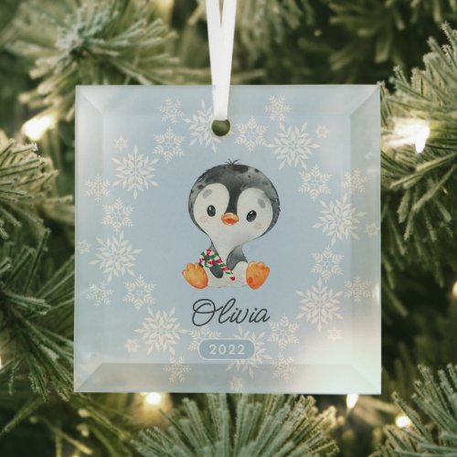 Adorable Penguin Girls Christmas Glass Ornament
