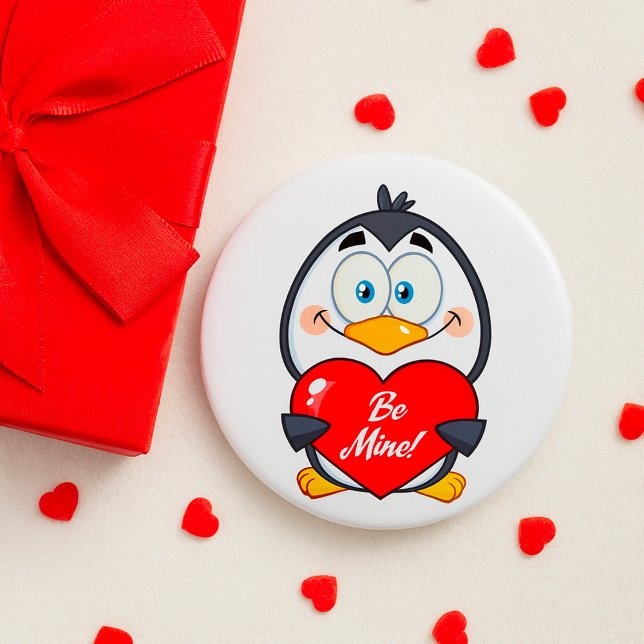 Adorable Penguin Holding Be Mine Heart  Button (Creator Uploaded)