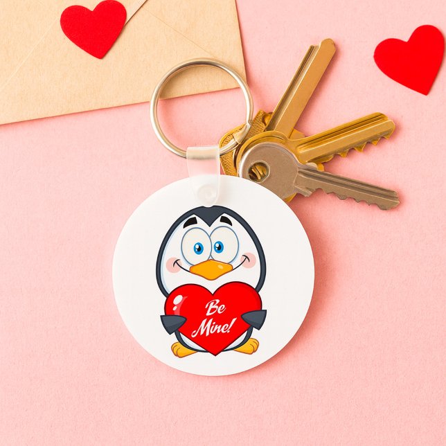 Adorable Penguin Holding Be Mine Heart  Keychain (Creator Uploaded)