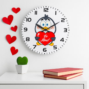 Adorable Penguin Holding Be Mine Heart  Large Clock