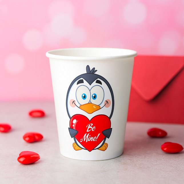 Adorable Penguin Holding Be Mine Heart  Paper Cups (Creator Uploaded)