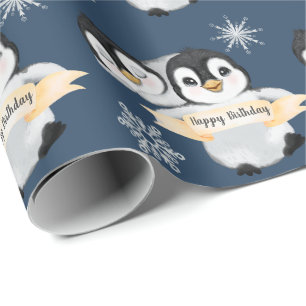 Adorable Penguin Kids Boy Girl Happy Birthday Wrapping Paper