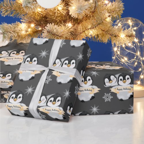 Adorable Penguin Kids Boy Girl Happy Birthday  Wrapping Paper