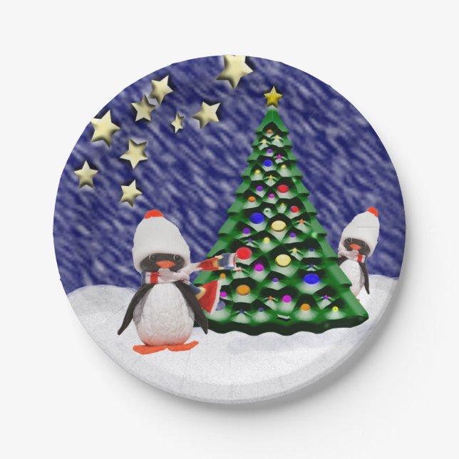 Adorable Penguin Ornament Christmas Paradise Paper Plates (Front)