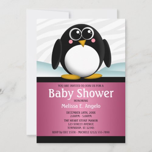 Adorable Penguin Pink Girl Baby Shower Invitations