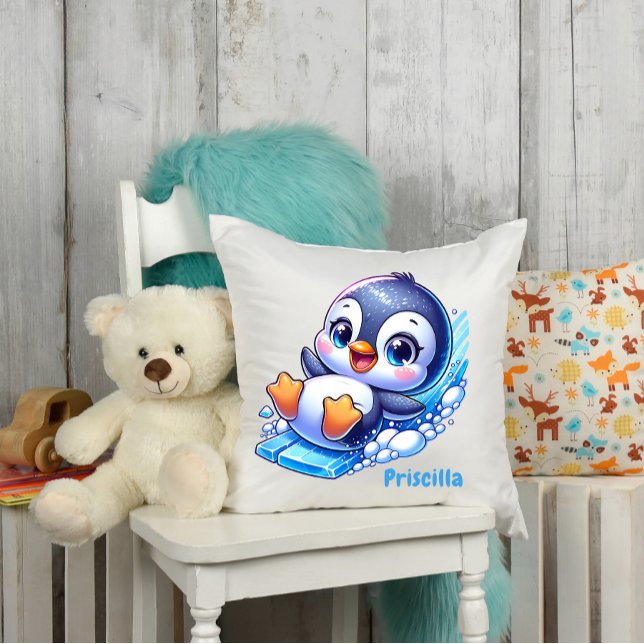 Adorable Penguin Sliding on Ice Custom Throw Pillow (Creator Uploaded)