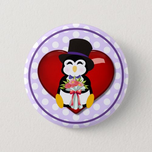 Adorable Penguin w Flowers Polka Dot Heart  Button
