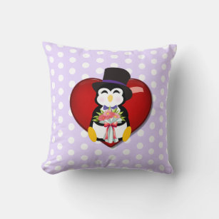 Adorable Penguin w/ Flowers Polka Dot Heart  Throw Pillow
