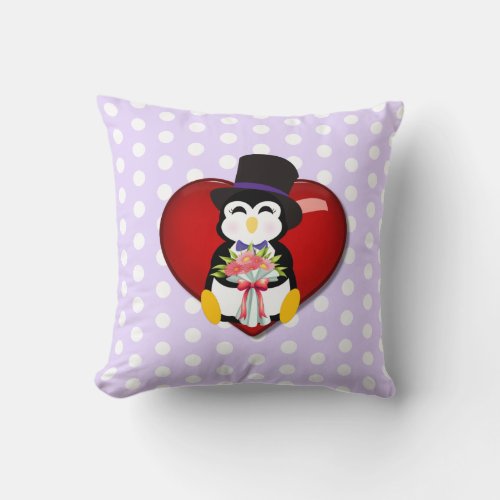 Adorable Penguin w Flowers Polka Dot Heart  Throw Pillow