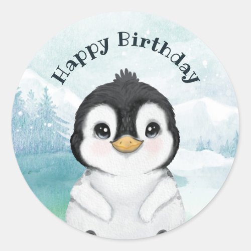 Adorable Penguin Winter Landscape Happy Birthday  Classic Round Sticker