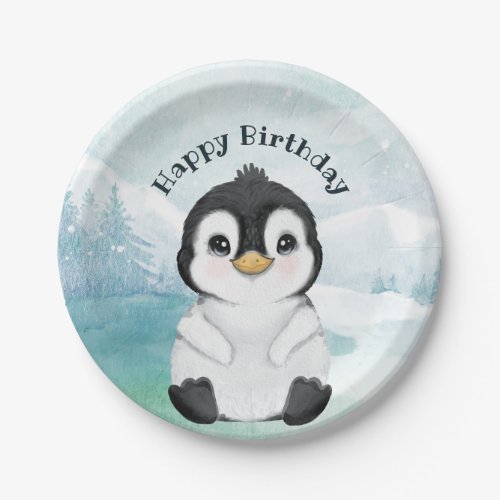 Adorable Penguin Winter Landscape Happy Birthday Paper Plates