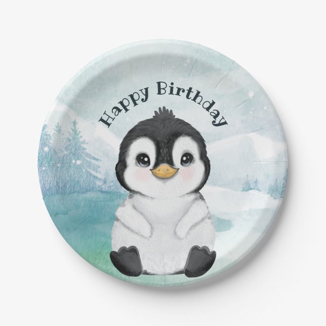 Adorable Penguin Winter Landscape Happy Birthday Paper Plates (Front)
