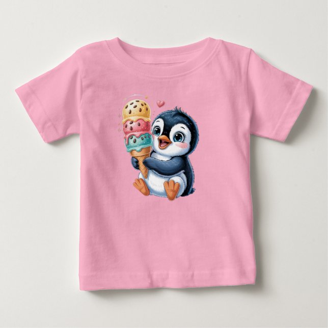 Adorable Penguin with Ice Cream Cute Kids T-Shirt (Front)