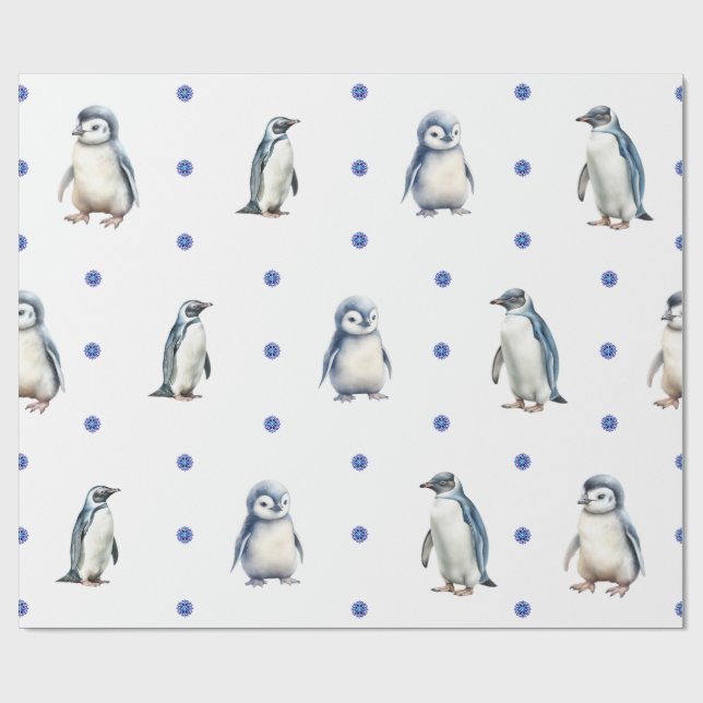 Adorable Penguins Christmas Holiday on White Wrapping Paper (Flat)