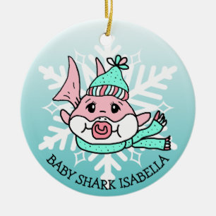 Adorable Personalized Baby Shark and Snowflake Ceramic Ornament