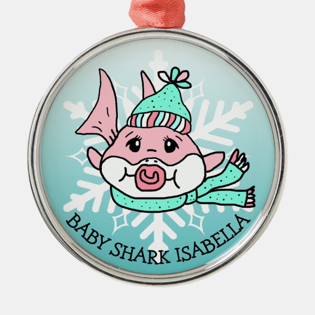 Adorable Personalized Baby Shark and Snowflake Metal Ornament (Front)