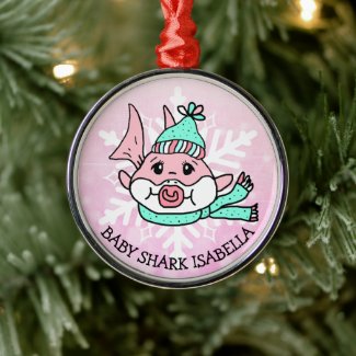 Adorable Personalized Baby Shark and Snowflake Metal Ornament