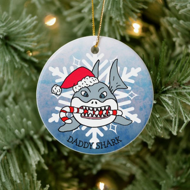 Adorable Personalized Daddy Shark and Snowflake Ceramic Ornament (Tree)