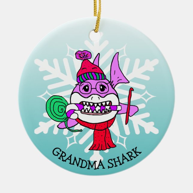 Adorable Personalized Grandma Shark and Snowflake Ceramic Ornament (Front)