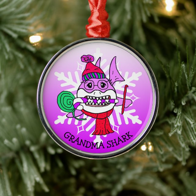 Adorable Personalized Grandma Shark and Snowflake Metal Ornament (Tree)