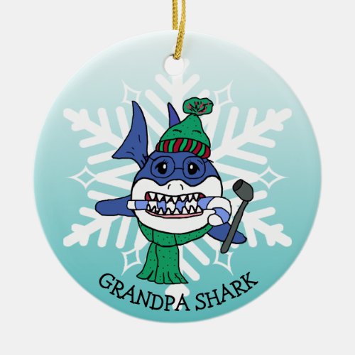 Adorable Personalized Grandpa Shark and Snowflake Ceramic Ornament