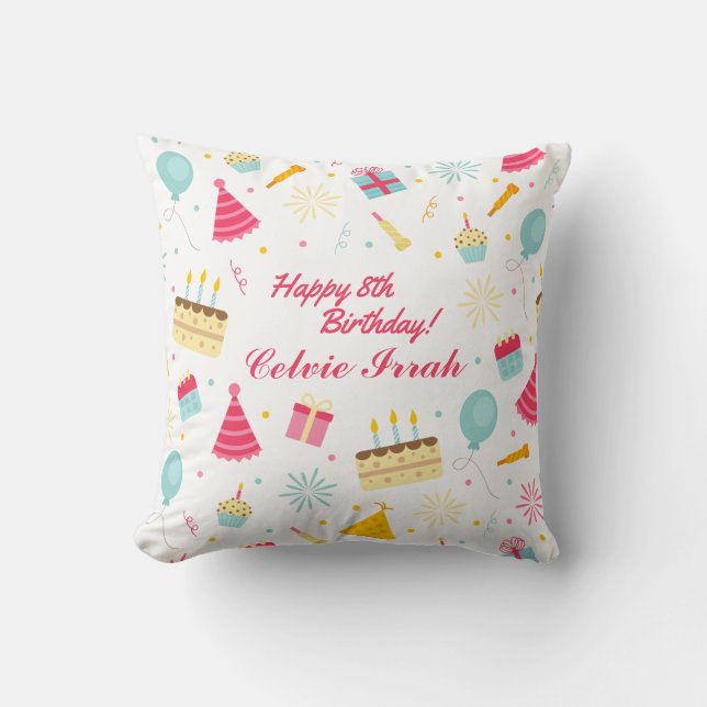 Adorable Personalized Happy Birthday Throw Pillow (Front)