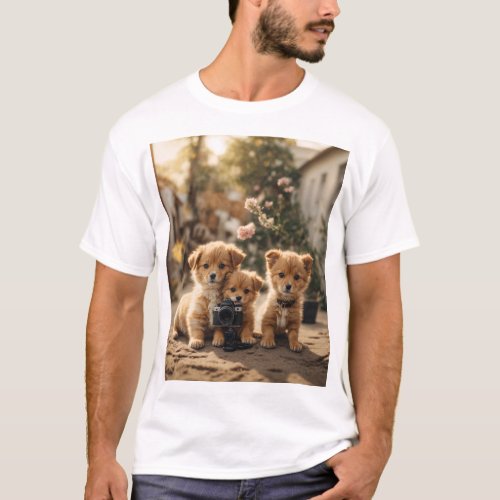 Adorable Pets Photo Tee Cute Camera Trio Print T_Shirt